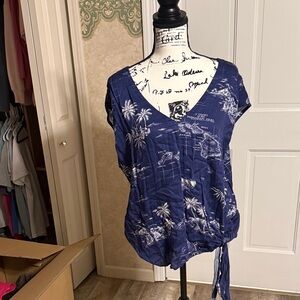 Anthropologie Navy Blue Palm Print Blouse